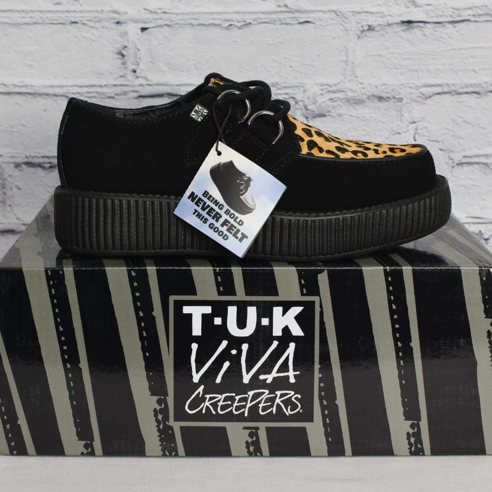 NEW IN BOX T.U.K. Footwear Black & Leopard Viva Low Creeper
